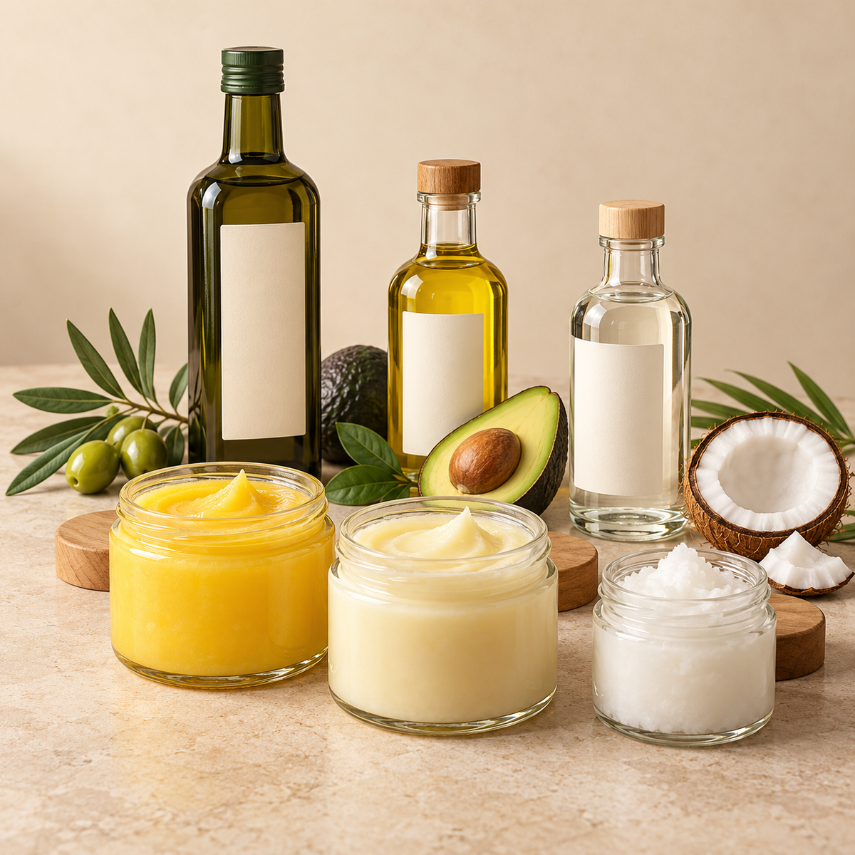 Olive oil, avocado oil, MCT oil, yellow and white ghee, and coconut oil