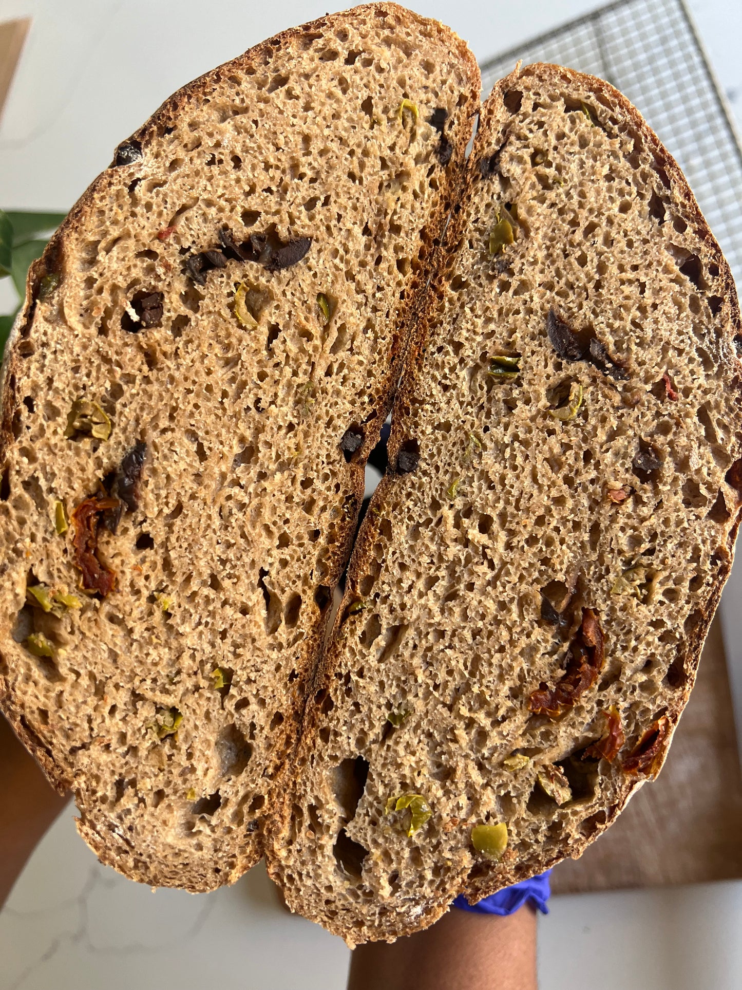Whole wheat country sourdough with olives & sun dried tomatoes