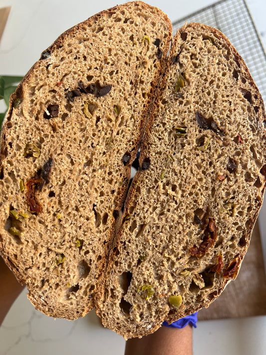 Whole wheat country sourdough with olives & sun dried tomatoes