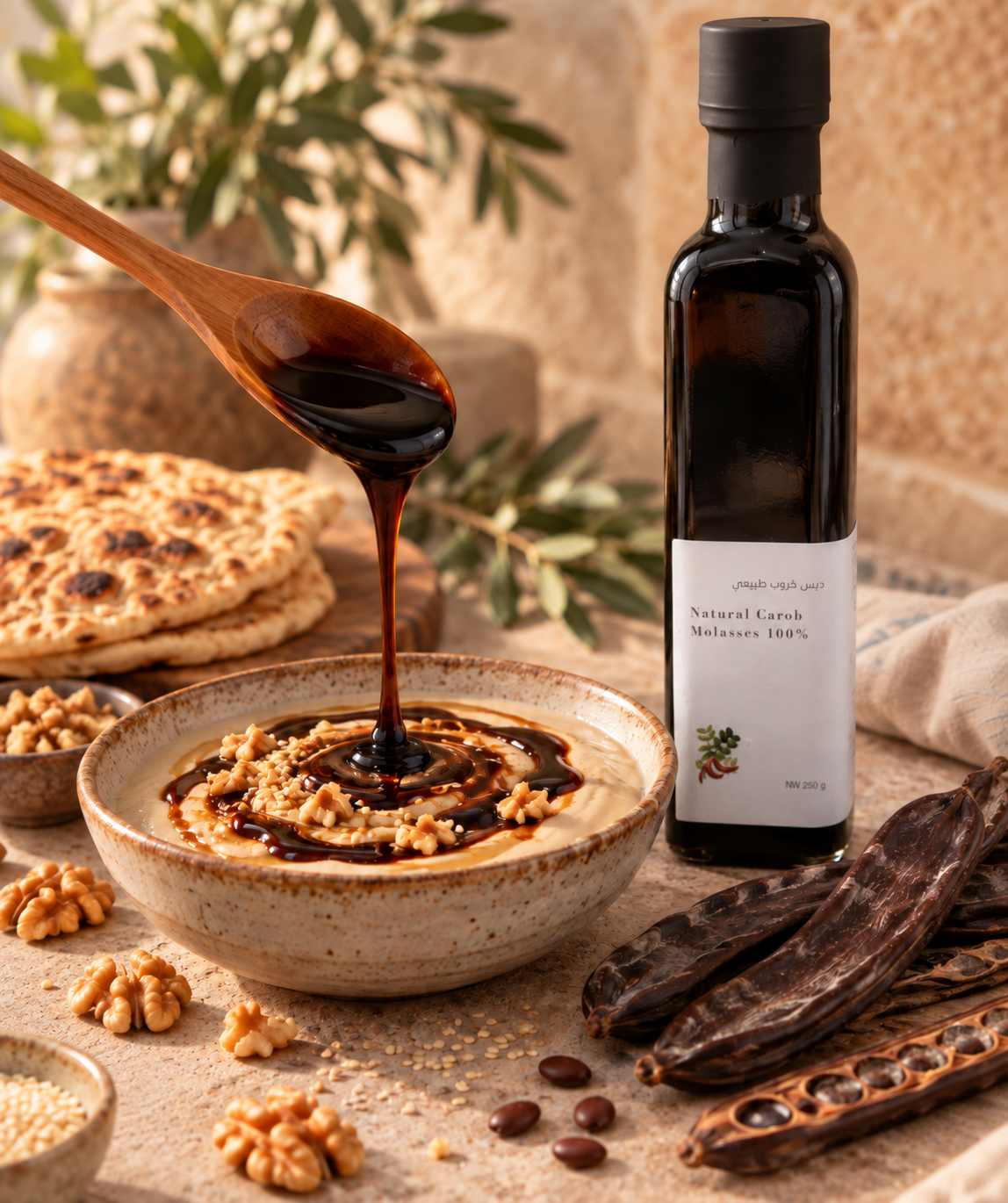 Carob molasses lifestyle image with tahini and carob pods