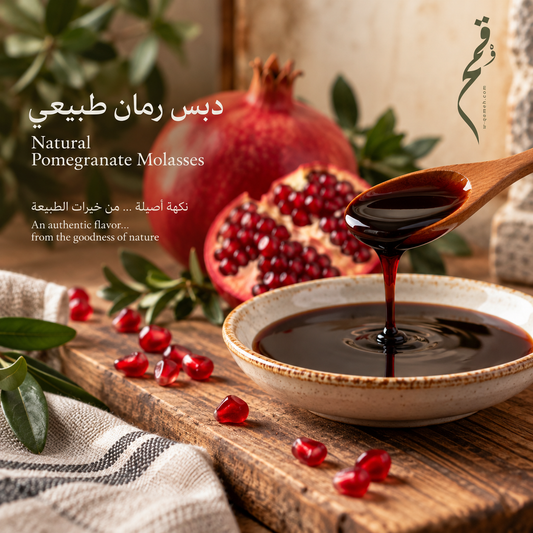Pomegranate molasses lifestyle image with bowl, spoon, and pomegranate