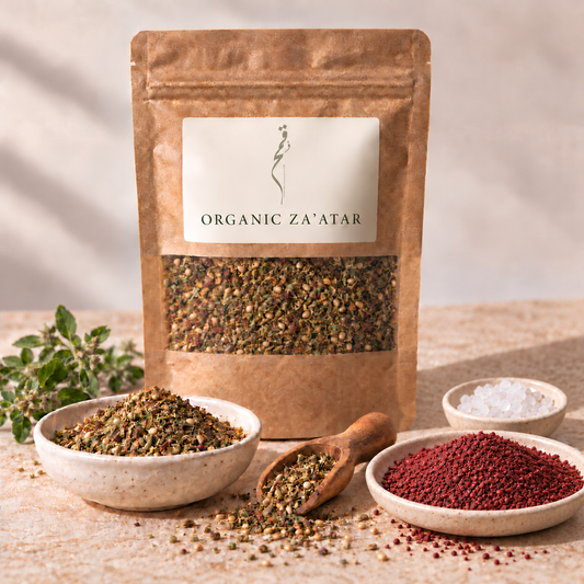Qameh organic za’atar with red sumac in front and white kaya salt behind