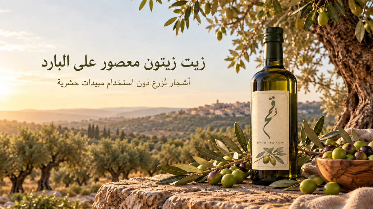 Waqmeh olive oil banner with cold pressed olive oil and pesticide-free olive trees